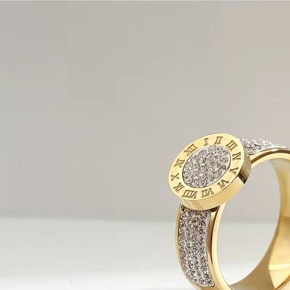 Stainless Steel 14K Gold Plated Numerals Inlaid Lab Diamond Luxury Ring Size 7 - Picture 8 of 15